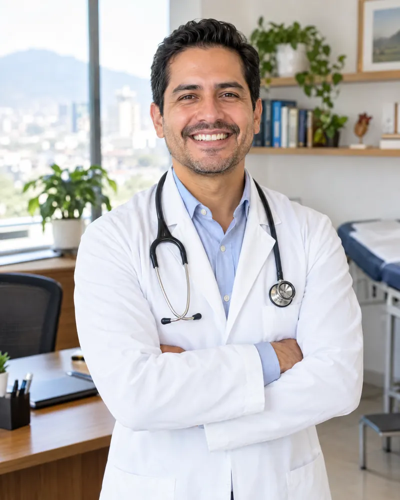 Médico sonriente con bata blanca y los brazos cruzados en su consultorio